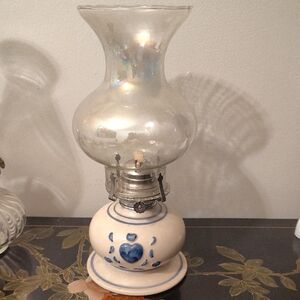Vintage Ceramic Oil Lamp with Blue Heart Design